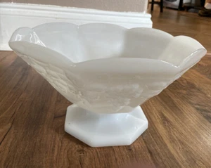Vintage White Milk Glass Pedestal Fruit Bowl with Grape Vine Design - Picture 1 of 7
