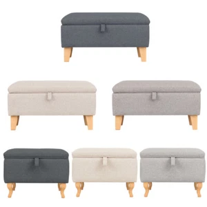 Upholstered Storage Ottoman Chair Stool Footstool Linen Rectangle Pouffe Toy Box - Picture 1 of 13