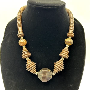 Vtg Coconut & Horn Bead Necklace Graduated Discs Tribal Dark Beaded Wood 20" - Picture 1 of 11