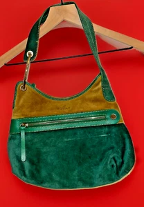 Hogan Womens Zip Top Leather Trim Suede Shoulder Bag Handbag Green Brown - Picture 1 of 17