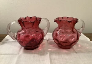 Cream Creamer and Sugar Fenton Glass Cranberry Thumbprint Glass Set - Picture 1 of 7