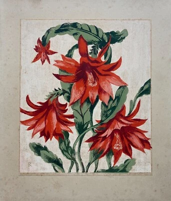 Farbholzschnitt Berthold Reichel Stillleben mit rot blühender Pflanze Art-Deco - Bild 1 von 4