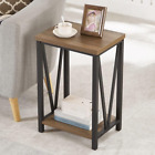 Side Table with Storage Shelf, Rustic End Table for Living Room, Wood and Metal 