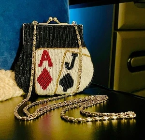 Perlen Handtasche Blackjack Spielkarten Kiss Lock Ace Diamanten Pik Casino - Bild 1 von 11