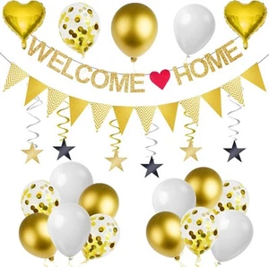 Welcome Home Banner Decorations, White Gold Balloons - Picture 1 of 7
