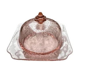 Vintage Jeannette Rosa Depression Glas Butterdose mit Kuppel Deckel Adam Muster  - Bild 1 von 11