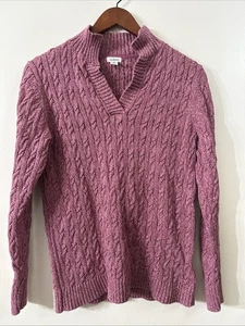 Womens LL Bean Pink Chunky Cable Knit Sweater Sz M Cotton V Neck Cozy Cabin - Picture 1 of 5