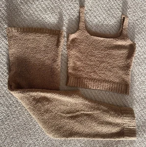 Skims Fuzzy Knit Camel Lounge Set Wide Leg Pants In S/M & Tank Top Size L/XL - Picture 1 of 16