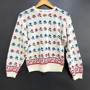 Lord & Taylor Damen Strick Pullover Gr. Small Weiß Blumenmuster Langarm - Bild 1 von 8