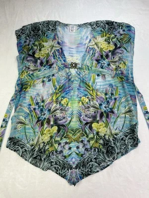 Becca Women’s Swim Cover Up Blue Purple Yellow Floral Tie Waist Size MM LG - Image 1 of 4