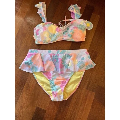 Biquíni de babado amarelo pastel rosa roxo floral júnior tamanho XL costas com tiras NOVO - Imagem 1 de 4