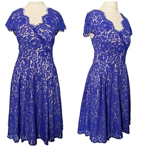 Eliza J Dress 10 Blue Lace Overlay Fit & Flare Cap Sleeve Colbalt Occasion. - Picture 1 of 7