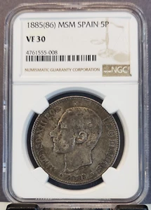 1885 (86) MSM SPAIN SILVER 5 PESETAS ALFONSO XII NGC VF 30 LOWER MINTAGE YEAR - Picture 1 of 3