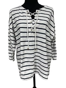 Tommy Hilfiger Woman SZ Lg 100% Cotton Casual Nautical Top Lace Up Closure Logo - Picture 1 of 7