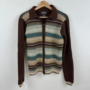 Woolrich 100% Wool Zip Up Cardigan sz L Striped Southwestern Outdoor Retro - Picture 1 of 14
