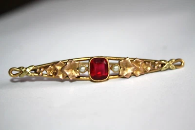 ANCIENNE  BROCHE ART NOUVEAU PLAQUE OR  poinçon FIX avec pierre style rubis - Photo 1/4