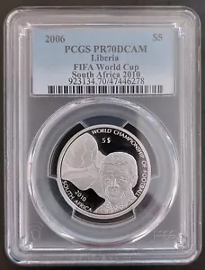 LIBERIA SILVER 5$ PROOF COIN 2006 YEAR MANDELA FIFA WORLD CUP PCGS PR70 TOP - Picture 1 of 2