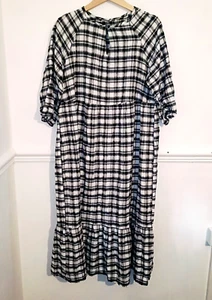 Primark Womens Dress Grey White Size UK 16 Gingham Check Maxi Cottage Peasant - Picture 1 of 9