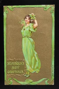 1908 St. Patrick's Day Grüße schönes Mädchen in grün heißem Küken Postkarte - Bild 1 von 2
