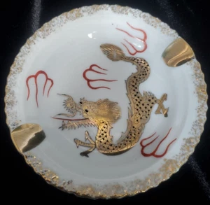 Luck Dragon Ash Tray Gold Rimmed Lion China Potters Mark 4.5" 2 Notch - Picture 1 of 9