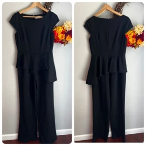 Mono Eliza J Manga Gorra Volantes Cintura Peplum Crepé Pierna Ancha TALLA 6 Negro - Imagen 1 de 9