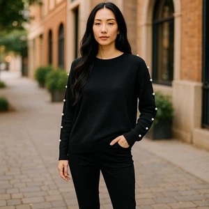 * SIGNATURE COLLECTION Black Pearl Trim Knit Top Ladies Large Size 12 14 - Picture 1 of 5