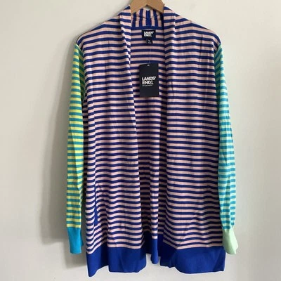 Lands' End Open Long Cardigan Knit Stretch Multi Stripe Pockets Women's XL Tunic - Image 1 of 4