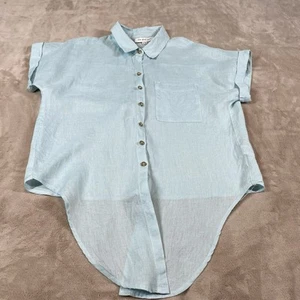 The Good Jane Teal Tie Front Blouse Women’s M Short Sleeve Button Linen Look - Picture 1 of 12