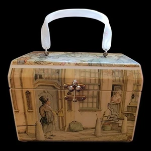 Vintage Anton Pieck Decoupage Box Purse Old World Kitty Lucite Handle - Picture 1 of 8