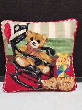 TEDDY BEAR IN ROCKER AND CAT CHRISTMAS NEEDLEPOINT THROW  PILLOW 10"