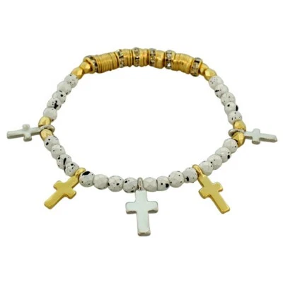 Fashion White Gold Silver Latin Cross Religious Stretch Beaded Bangle Bracelet - Image 1 of 2