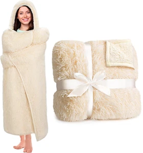 Ivory Wearable Throw Blanket Hoodie for Women - Perfect Sherpa Fleece Shaggy Bla - Picture 1 of 12