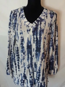 Ellen Tracy Womens Top S Blue Beige Tie Dye Pattern V-Neck Long Sleeve - Picture 1 of 6
