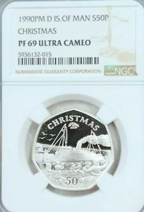 1990 ISLE OF MAN SILVER 50 PENCE CHRISTMAS NGC PF 69 ULTRA CAMEO RARE TOP POP 1 - Picture 1 of 4