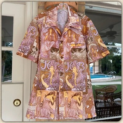 70s Vtg ALPHONSE MUCHA JOB Cigarette Novelty Print Hawaiian Shirt AOP Disco S M - Image 1 of 4