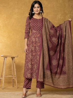 Mujer India Borgoña Algodón Puro Estampado Lentejuelas Kurta Con Pantalón y Dupatta Foto 1 de 4