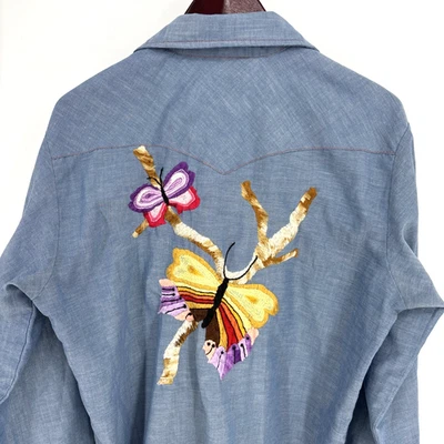 Vintage 70s Hand Embroidered Chambray Shirt Big Mac Butterfly Flowers Pearl Snap - Image 1 of 4