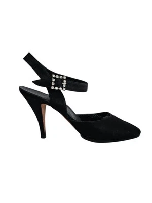 MANOLO BLAHNIK Vintage Años 90 Y2K Negro Stiletto Satinado Tacones, Talla 38.5 Cristal Foto 1 de 4