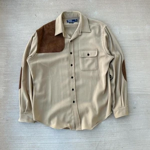 Vintage 90s Polo Ralph Lauren Cream Cagney Wool Hunting Shirt Elbow Patches L - Picture 1 of 7