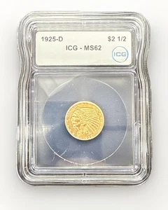 1925 D UNC BU MS62 Gold INDIAN $2.50 Coin Quarter Eagle ICG MS 62 NICE LUSTER! - Picture 1 of 15