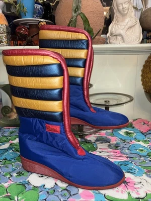 Vintage 1980 Candie’s Puffer Après Botas de Esqui Femininas 9 Estado Perfeito Color Block Retrô - Imagem 1 de 4