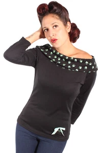 Schwalben Rockabilly Carmen Kragen Shirt Longsleeve Sweater schwarz - Picture 1 of 10