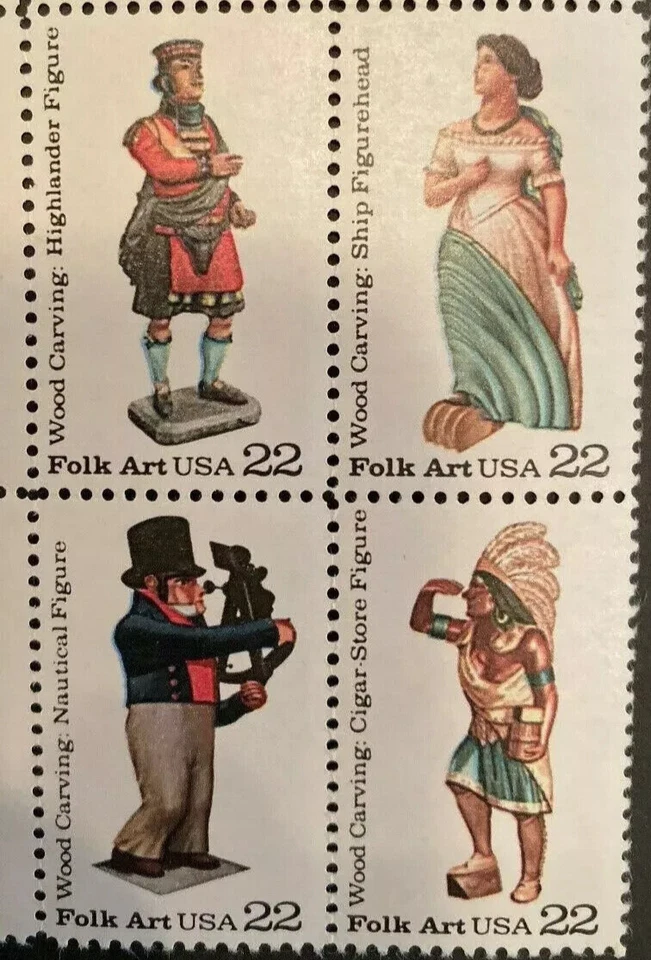 US Folk Art Wood Carved Figurines 22c Stamp Block of 4 Scott #2240-2243 - Image 1 of 1