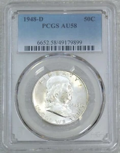 1948 D Franklin Half Dollar PCGS AU58 looks Full Bell Lines Bright Frosty #C81B - Picture 1 of 4