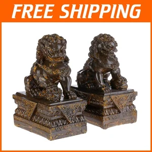 Elegant Chinese Guardian Lions Foo Dog Statues - 9 Inch Bronze Finish Set - Picture 1 of 11