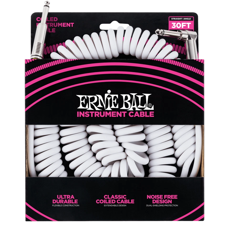 Ernie Ball 6045 Coiled Instrument Cable Straight/Angle 30ft - White - Image 1 of 1