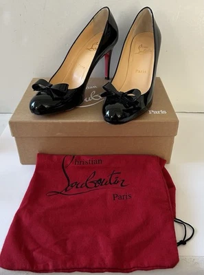 Christian Louboutin Simplenodo 85 Black Patent Bows Pumps Size 38.5 Box And Bag - Image 1 of 4
