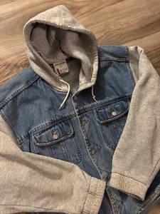 Guy Loren Hybrid Hoodie Trucker Jacket Men’s Lg Denim Gray Sweatshirt VTG Hole - Picture 1 of 8