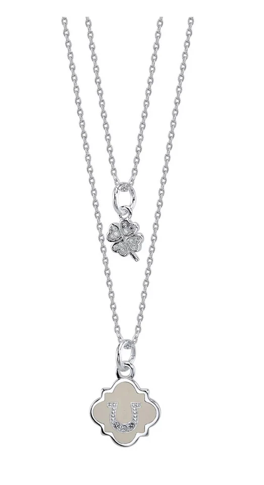 UNWRITTEN White Enamel Horseshoe and Cubic Zirconia Clover Duo Necklace