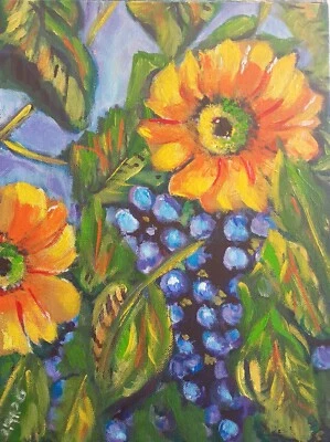 Acrylic Painting 9"x12" Sunflowers & Blue Grapes Still Life Impressionist Art - image 1 of 4